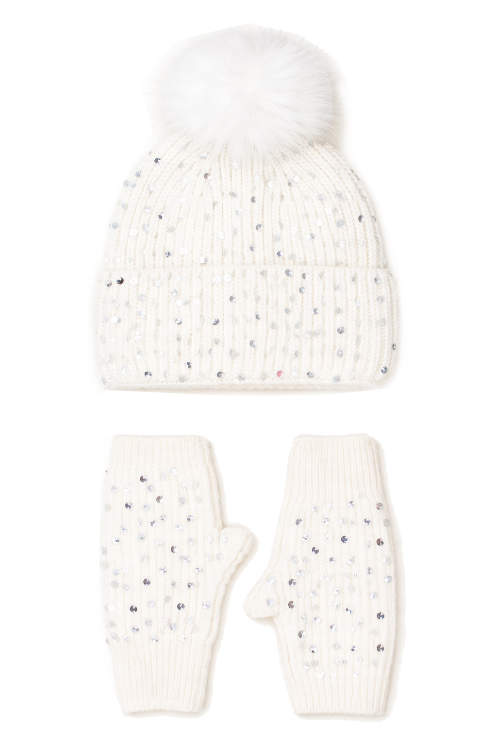 CAPPELLO + GUANTO + COLLO MAGLIA CON PAILLETTES, 35%ANGORA 65 %VI, MADE IN PRC   - WHITE